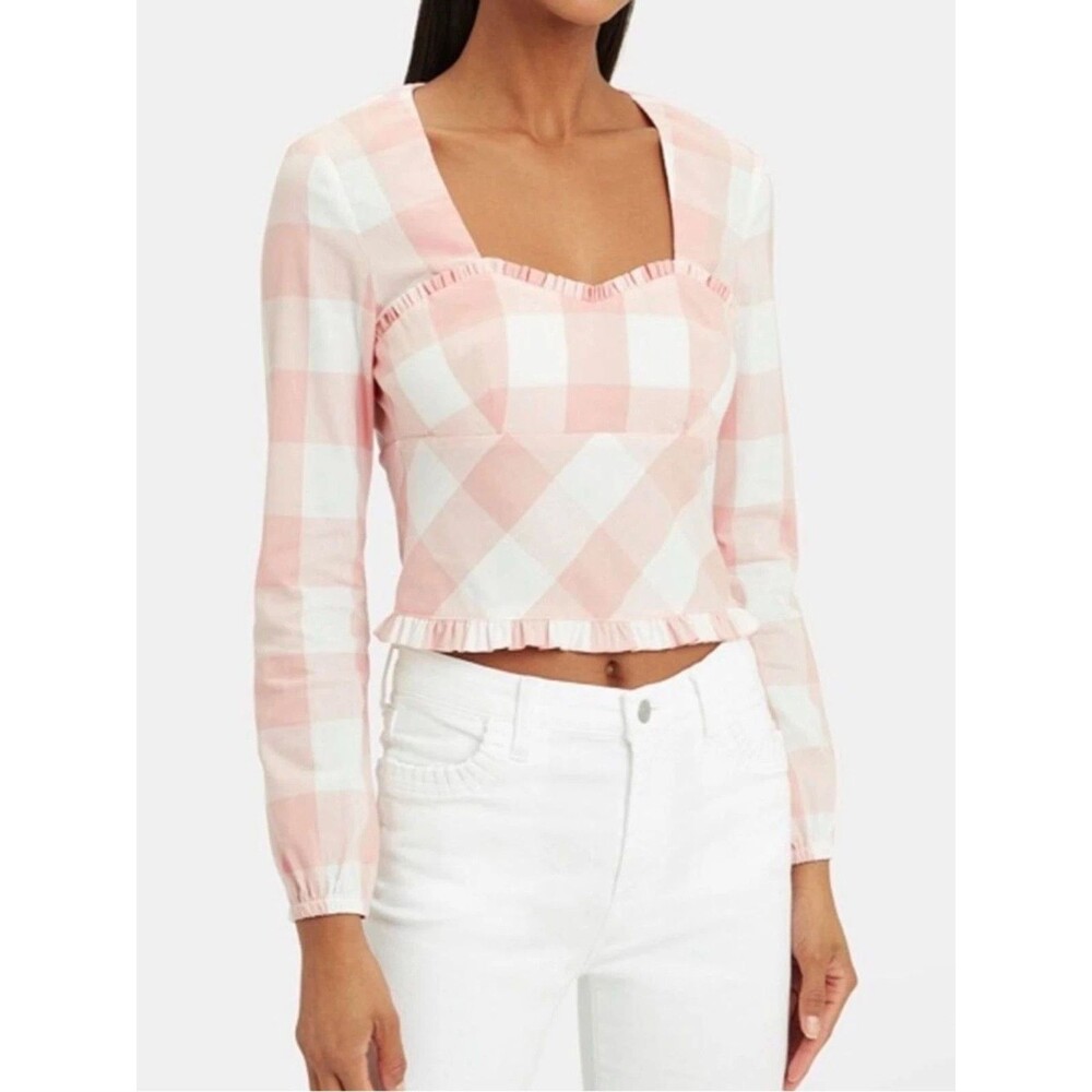 Intermix Blouse Womens 4 Pink Check Square Neck Cropped Long Sleeve Top